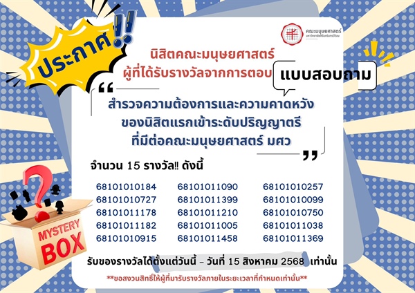 ประกาศ! นิสิตคณะมนุษยศาสตร์ผู้ที่ได้รับรางวัลจากการตอบแบบประเมินความพึงพอใจโครงการปฐมนิเทศ และ แบบสำรวจความต้องการและความคาดหวังของนิสิตแรกเข้าระดับปริญญาตรีที่มีต่อคณะมนุษยศาสตร์ มศว