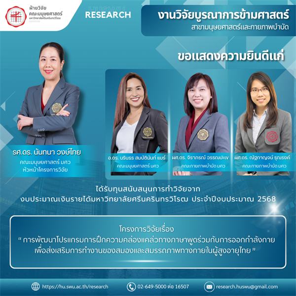 คณะมนุษยศาสตร์ ขอแสดงความยินดีแก่ รองศาสตราจารย์ ดร. นันทนา วงษ์ไทย และคณะนักวิจัย จากคณะมนุษยศาสตร์และคณะกายภาพบำบัด มศว ที่ได้รับทุนสนับสนุนการทำวิจัยจากงบประมาณเงินรายได้มหาวิทยาลัยศรีนครินทรวิโรฒ