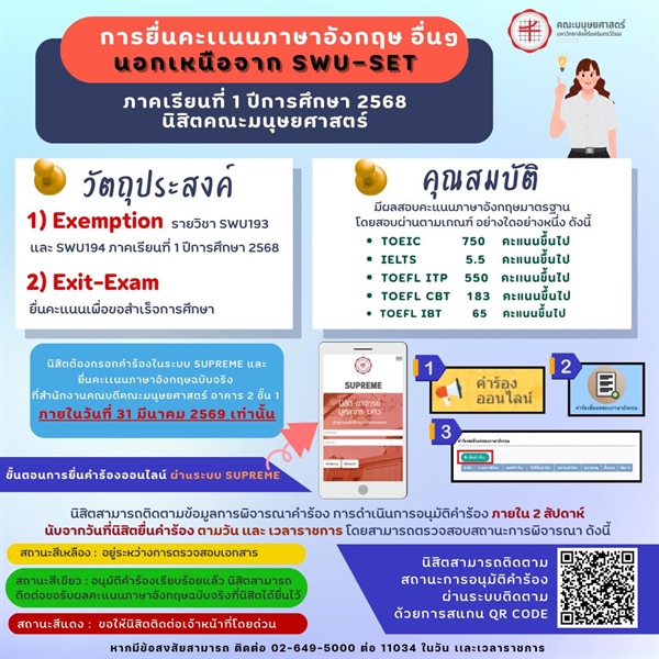 การยื่นคะเเนนภาษาอังกฤษอื่นๆ นอกเหนือจาก SWU-SET ภาคเรียนที่ 1 การศึกษา 2568 นิสิตคณะมนุษยศาสตร์