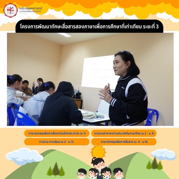 27 พฤศจิกายน 2568 วันที่สี่ของการดำเนิน “โครงการพัฒนาทักษะสื่อสารสองภาษาเพื่อการศึกษาที่เท่าเทียม ระยะที่สาม” กับกิจกรรมส่งเสริมทักษะสองภาษาในช่วงเช้า และกิจกรรมการแสดงของนักเรียนในช่วงบ่าย