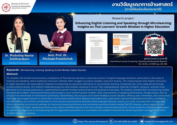 ฝ่ายวิจัย คณะมนุษยศาสตร์ ขอนำเสนอผลงานวิจัยสังกัดสถาบันวิจัยพฤติกรรมศาสตร์ ที่ได้รับการตีพิมพ์เผยแพร่ในวารสารระดับนานาชาติ (SCOPUS) โดยงานวิจัยได้รับทุนสนับสนุนจากงบประมาณคณะมนุษยศาสตร์ พ.ศ.2566