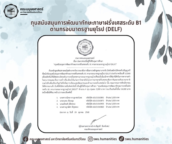 [ประกาศรายชื่อนิสิตที่ได้รับทุนการศึกษา] หลักสูตรศิลปศาสตรบัณฑิต สาขาวิชาภาษาเพื่อการสื่อสาร (หลักสูตรนานาชาติ)