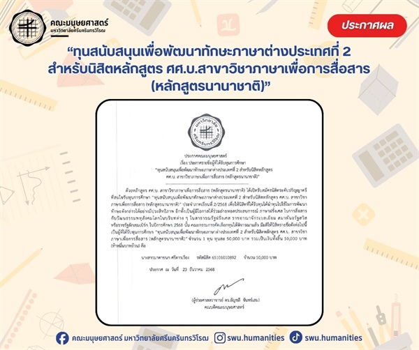[ประกาศรายชื่อนิสิตที่ได้รับทุนการศึกษา] หลักสูตรศิลปศาสตรบัณฑิต สาขาวิชาภาษาเพื่อการสื่อสาร (หลักสูตรนานาชาติ) ขอแสดงความยินดีกับนิสิตที่ได้รับทุนการศึกษา