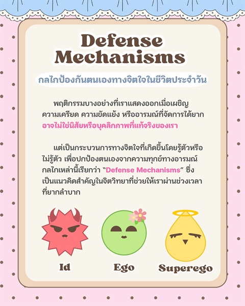 [ผลงานนิสิต] ผลงานสร้างสรรค์สื่อให้ความรู้ทางจิตวิทยา ในหัวข้อ "Defense Mechanisms กลไกป้องกันตนเองทางจิตใจในชีวิตประจำวัน" จากนิสิตที่ได้รับ “ทุนสนับสนุนศักยภาพการศึกษาด้านจิตวิทยา”