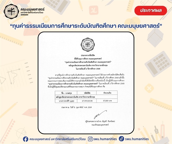ประกาศรายชื่อนิสิตที่ได้รับทุนการศึกษา