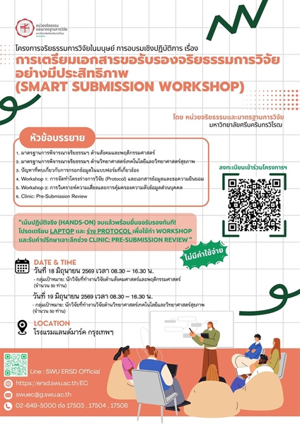 ประชาสัมพันธ์เข้าร่วมโครงการจริยธรรมการวิจัยในมนุษย์ การอบรมเชิงปฏิบัติการ เรื่อง “การเตรียมเอกสารขอรับรองจริยธรรมการวิจัยอย่างมีประสิทธิภาพ (Smart Submission Workshop)