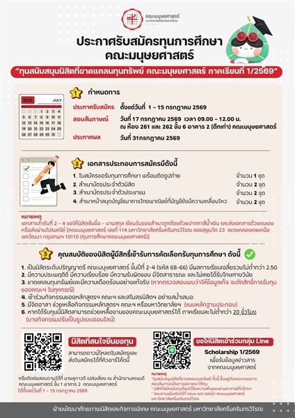 [ประกาศรับสมัครทุนการศึกษา Equity Scholarship] ทุนสนับสนุนนิสิตที่ขาดแคลนทุนทรัพย์ คณะมนุษยศาสตร์ ภาคเรียนที่ 1/2569 สำหรับนิสิตระดับปริญญาตรี คณะมนุษยศาสตร์ที่มีความจำเป็น