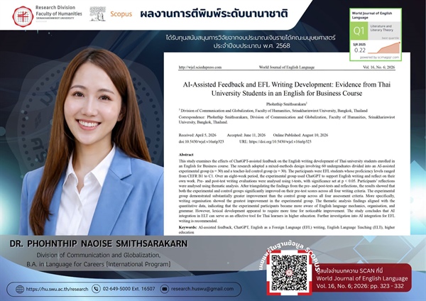 ฝ่ายวิจัย คณะมนุษยศาสตร์ มศว ขอแสดงความยินดี อาจารย์ ดร.พรทิพย์ ณิช สมิทธ์ศราการย์ หลักสูตร ศศ.บ. สาขาวิชาภาษาเพื่ออาชีพ (หลักสูตรนานาชาติ) กลุ่มสาขาวิชาการสื่อสาร