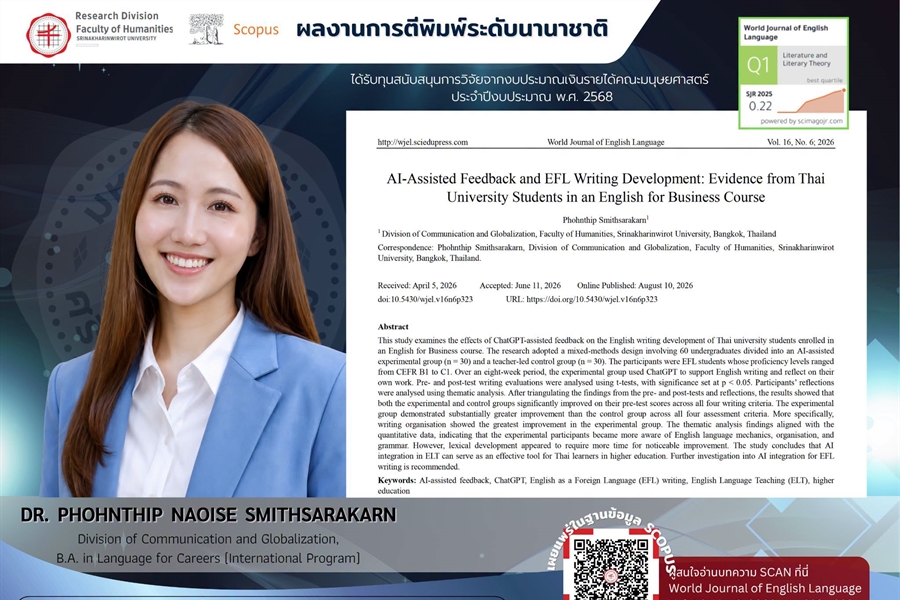 ฝ่ายวิจัย คณะมนุษยศาสตร์ มศว ขอแสดงความยินดี อาจารย์ ดร.พรทิพย์ ณิช...