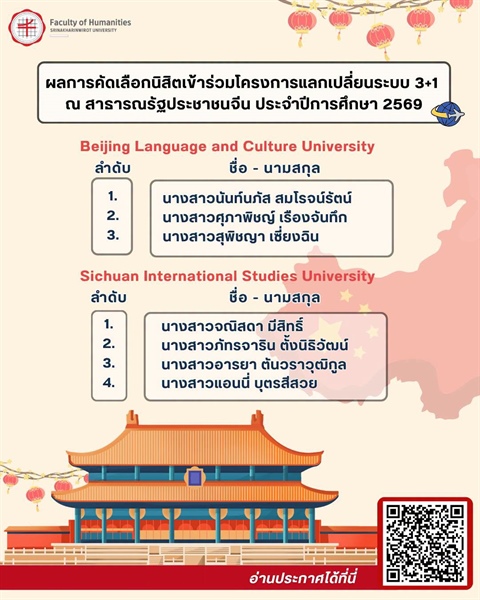 นิสิตเข้าร่วมโครงการแลกเปลี่ยนนิสิตระบบ 3+1 ณ Beijing Language and Culture University และ Sichuan International Studies University สาธารณรัฐประชาชนจีน ประจำปีการศึกษา 2569