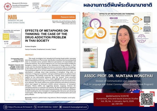 ฝ่ายวิจัย คณะมนุษยศาสตร์ ขอแสดงความยินดีและประชาสัมพันธ์ผลงานวิจัยระดับนานาชาติ  รองศาสตราจารย์ ดร.นันทนา วงษ์ไทย หลักสูตร ปร.ด. ภาษาและการสื่อสารสากล (หลักสูตรนานาชาติ)