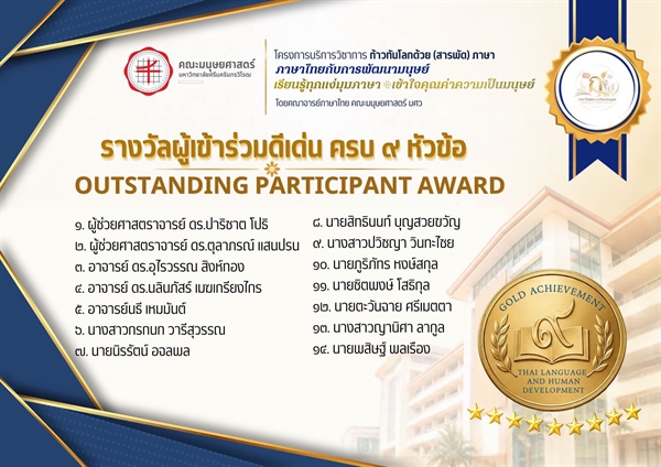 ขอแสดงความยินดีกับผู้ได้รับรางวัล Outstanding Participant Award ผู้เข้าร่วมรับฟังการบรรยายครบทั้ง ๙ หัวข้อ จากโครงการบริการวิชาการ “ก้าวทันโลกด้วย (สารพัด) ภาษา Season ๒” พร้อมรับเกียรติบัตรและของที่ร