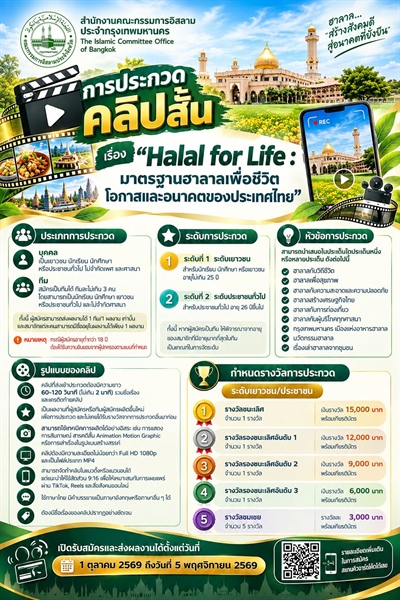 สำนักงานคณะกรรมการอิสลามประจำกรุงเทพมหานคร เปิดรับสมัครการประกวดคลิปสั้น เรื่อง "Halal for Life : มาตรฐานฮาลาลเพื่อชีวิต โอกาสและอนาคตของประเทศไทย"