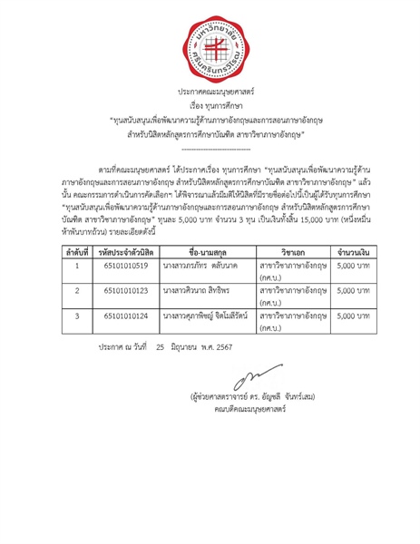 [ทุนการศึกษานิสิต] ประกาศรายชื่อนิสิตที่ได้รับทุนสนับสนุนเพื่อพัฒนาความรู้ด้านภาษาอังกฤษและการสอนภาษาอังกฤษ สำหรับนิสิตหลักสูตรการศึกษาบัณฑิต สาขาวิชาภาษาอังกฤษ จำนวน 3 ทุนๆ ละ 5,000 บาท