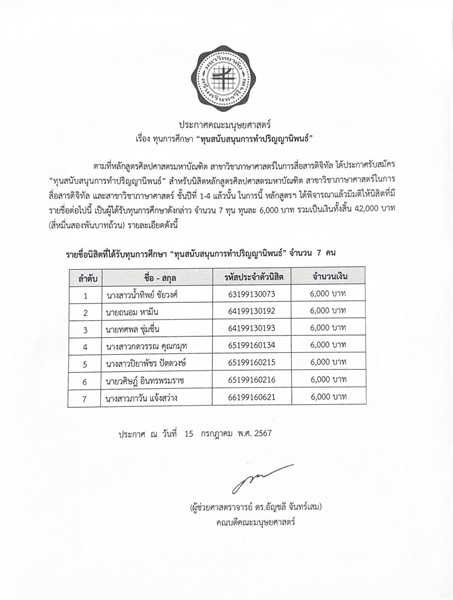 ประกาศรายชื่อนิสิตที่ได้รับทุนการศึกษา “ทุนสนับสนุนการทำปริญญานิพนธ์” จำนวน 7 ทุน