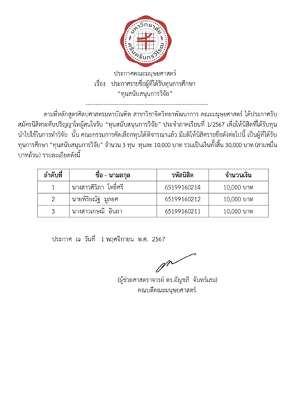 ประกาศรายชื่อนิสิตที่ได้รับทุนการศึกษา ”ทุนสนับสนุนการวิจัย“ 🔹จำนวน 3 ทุน ทุนละ 10,000 บาท🔹