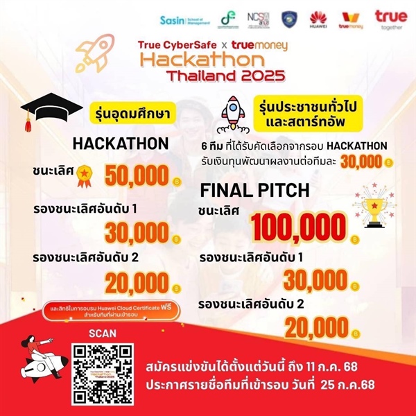 [ประชาสัมพันธ์จากหน่วยงานภายนอก] "True CyberSafe x TrueMoney Hackathon Thailand 2025"  ชวนทุกคนมาประชันนวัตกรรมสร้างโซลูชันสุดเจ๋ง "Hack for a Safer Digital Life"