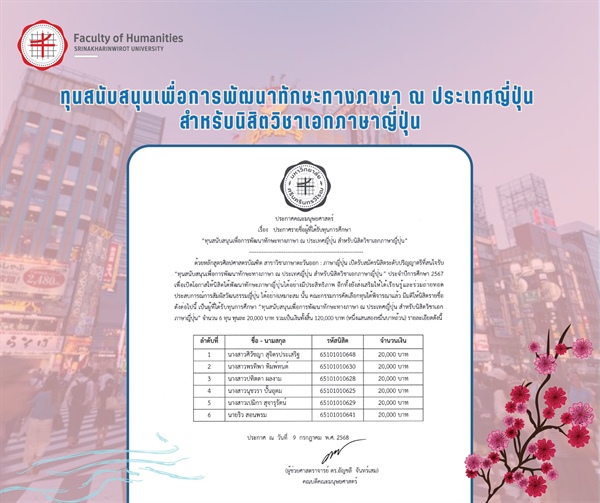 🔥 ประกาศรายชื่อนิสิตที่ได้รับทุนการศึกษา “ทุนสนับสนุนเพื่อการพัฒนาทักษะทางภาษา ณ ประเทศญี่ปุ่น สำหรับนิสิตวิชาเอกภาษาญี่ปุ่น” 🤩​