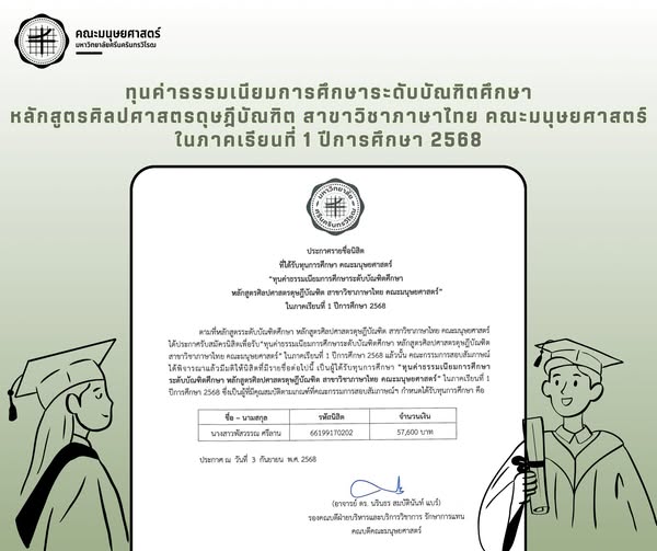 ประกาศรายชื่อนิสิตที่ได้รับทุนการศึกษา 🎓🎉 ศูนย์การศึกษาระดับบัณฑิตศึกษา คณะมนุษยศาสตร์