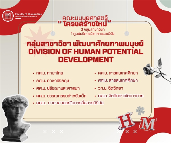 โครงสร้างใหม่ พร้อมเดบิวต์ เปิดตัว 3 กลุ่มสาขาวิชาปรับใหม่ พร้อม 1 ศูนย์บริการวิชาการและวิจัยสุดปัง วันนี้ขอเปิดตัว กลุ่มสาขาวิชา พัฒนาศักยภาพมนุษย์ Division of Human Potential Development