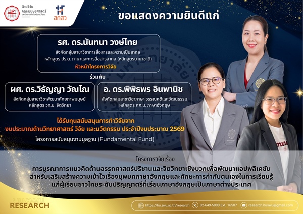 ขอแสดงความยินดีแก่เหล่าคณาจารย์ ที่ได้รับทุนอุดหนุนการวิจัยมหาวิทยาลัยศรีนครินทรวิโรฒ โครงการสนับสนุนงานมูลฐาน จากงบประมาณด้านวิทยาศาสตร์ วิจัย และนวัตกรรม