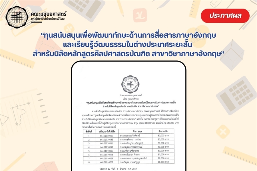 ประกาศรายชื่อนิสิตที่ได้รับทุนการศึกษา