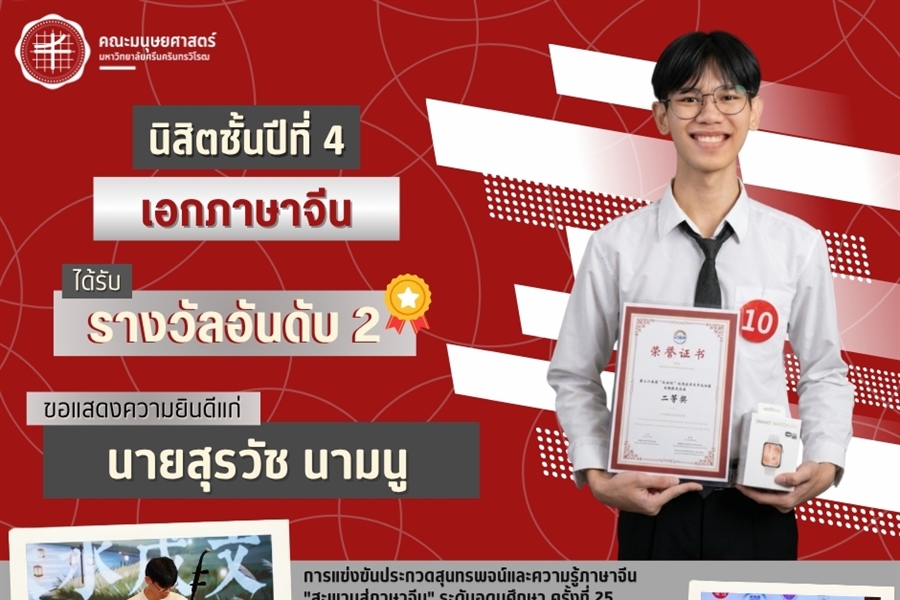 คณะมนุษยศาสตร์ขอแสดงความยินดีแก่นายสุรวัช นามนู นิสิตเอกภาษาจีน...