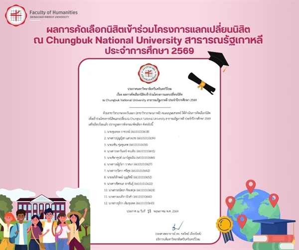 ผลการคัดเลือกนิสิตเข้าร่วมโครงการแลกเปลี่ยนนิสิต ณ Chungbuk National University สาธารณรัฐเกาหลี ประจำการศึกษา 2569