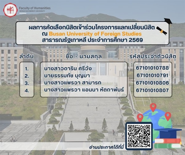 ผลการคัดเลือกนิสิตเข้าร่วมโครงการแลกเปลี่ยนนิสิต  ณ Busan University of Foreign Studies สาธารณรัฐเกาหลี ประจำการศึกษา 2569