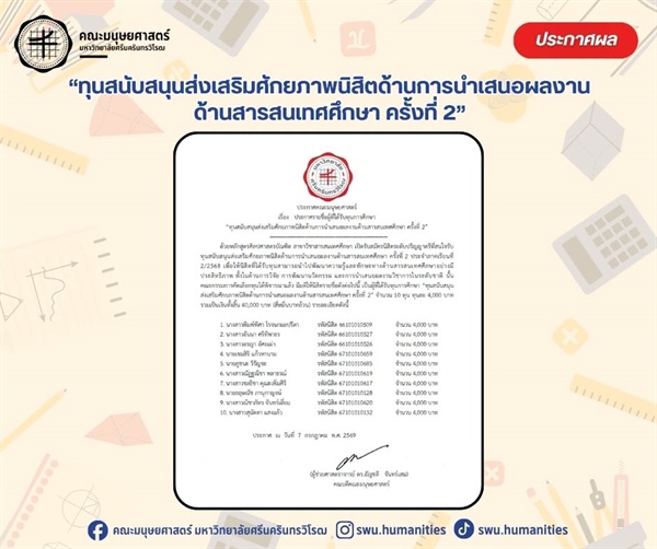 ประกาศรายชื่อนิสิตที่ได้รับทุนการศึกษา ทุนสนับสนุนส่งเสริมศักยภาพนิสิตด้านการนำเสนอผลงานด้านสารสนเทศศึกษา ครั้งที่ 2