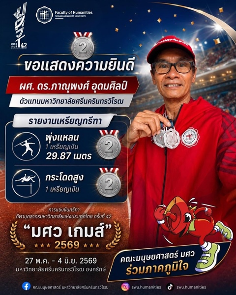 ขอแสดงความยินดี ผู้ช่วยศาสตราจารย์ ดร.ภาณุพงศ์ อุดมศิลป์ ในการคว้า 2 เหรียญเงิน จากการแข่งขันกรีฑา