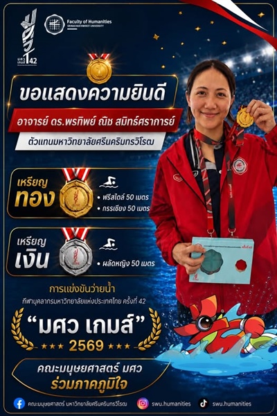 ขอแสดงความยินดี  🥇 อาจารย์ ดร.พรทิพย์ ณิช สมิทธ์ศราการย์ จากการแข่งขันกีฬาบุคลากรมหาวิทยาลัยแห่งประเทศไทย ครั้งที่ 42 “มศว เกมส์” ประจำปี 2569