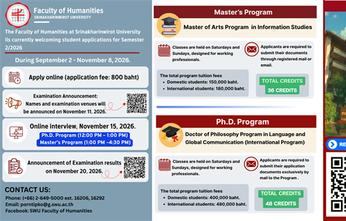 🎓 คณะมนุษยศาสตร์ มศว เปิดรับสมัครนิสิตใหม่ ระดับบัณฑิตศึกษา...