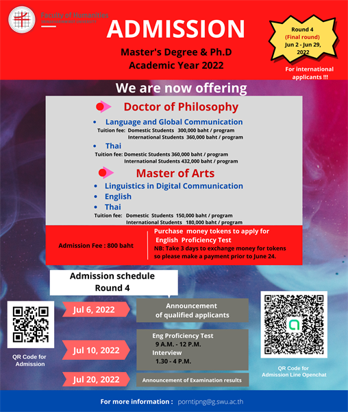 The Faculty of Humanities is accepting applications for graduate students for the first semester, academic year 2022 (round 4)