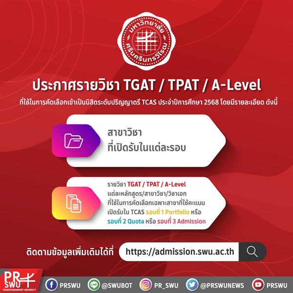 [TCAS 68] ประกาศรายวิชา TGAT / TPAT / A-Level และกำหนดการรับสมัครที่ใช้ในการคัดเลือกเข้าเป็นนิสิตระดับปริญญาตรี TCAS ประจำปีการศึกษา 2568  m