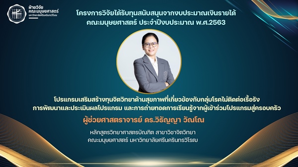 โปรแกรมเสริมสร้างทุนจิตวิทยาด้านสุขภาพที่เกี่ยวข้องกับกลุ่มโรคไม่ติดต่อเรื้อรัง การพัฒนาและประเมินผลโปรแกรม และการถ่ายทอดการเรียนรู้จากผู้เข้าร่วมโปรแกรมสู่ครอบครัว