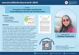 ฝ่ายวิจัยคณะมนุษยศาสตร์ ขอนำเสนอผลงานวิจัยของผู้ช่วยศาสตราจารย์ ดร. สิทธินี ธรรมชัย ที่ได้รับการตีพิมพ์เผยแพร่ในฐานข้อมูลระดับนานาชาติ (SCOPUS)