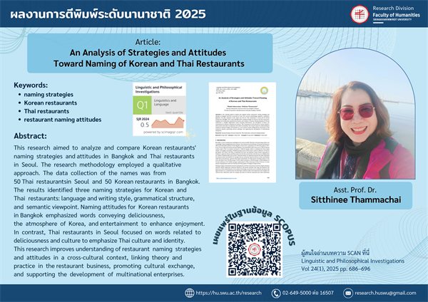 ฝ่ายวิจัยคณะมนุษยศาสตร์ ขอนำเสนอผลงานวิจัยของผู้ช่วยศาสตราจารย์ ดร. สิทธินี ธรรมชัย ที่ได้รับการตีพิมพ์เผยแพร่ในฐานข้อมูลระดับนานาชาติ (SCOPUS)