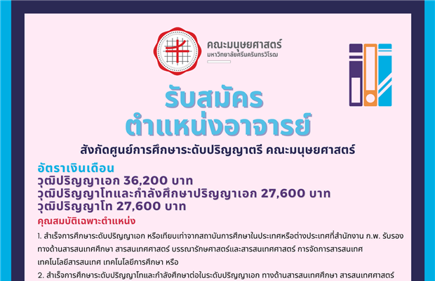 รับสมัครงาน ตำแหน่งอาจารย์ (1) 7 – 3473 สังกัดศูนย์การศึกษาระดับปริญญาตรี  คณะมนุษยศาสตร์